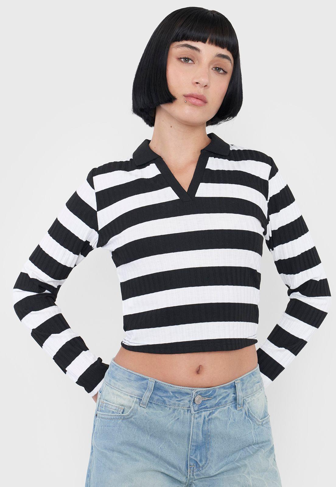 Polera Muje Manga Larga Cuello Polo Negro Rayas Corona-2