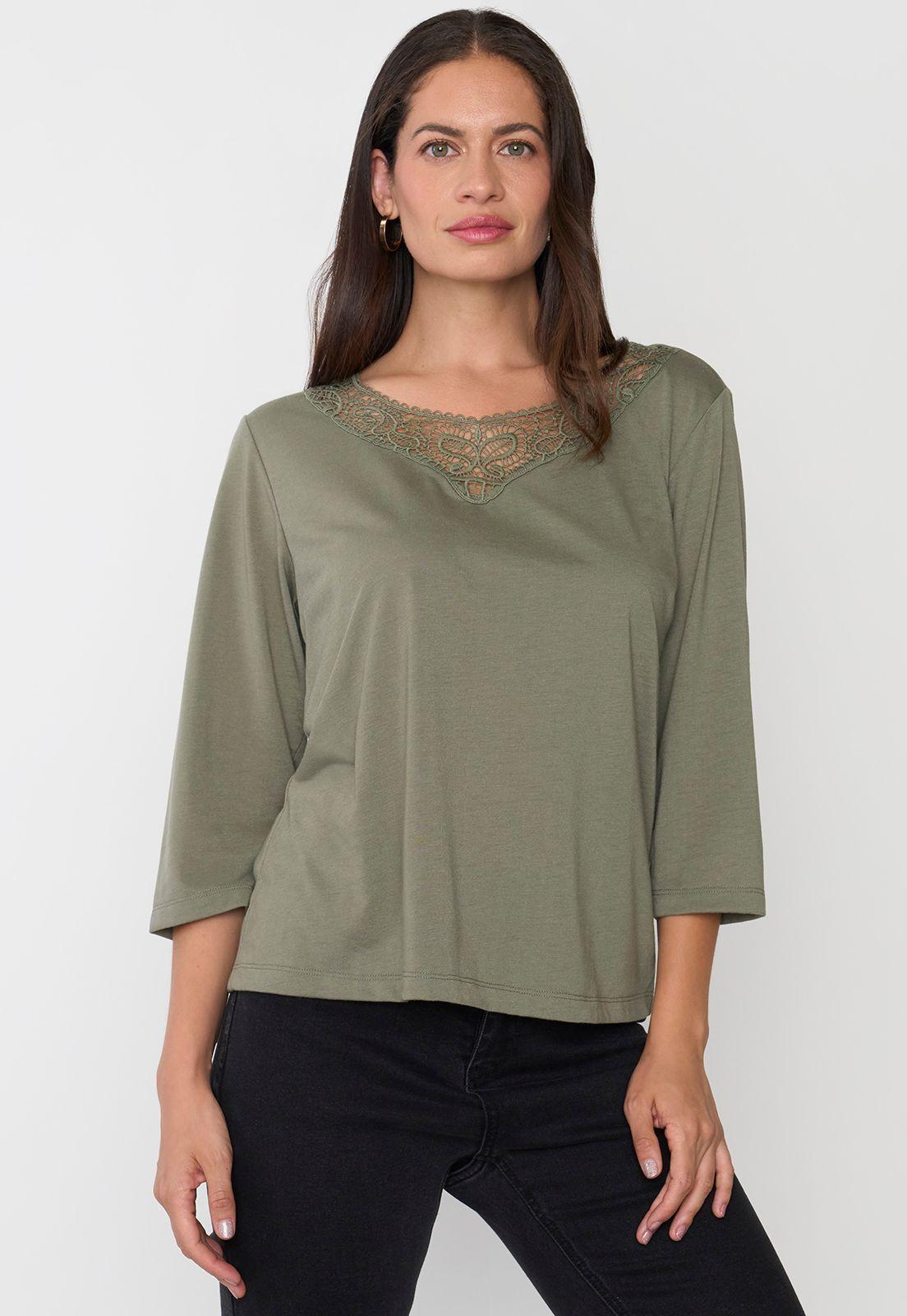 Polera Mujer Manga 3/4 Macramé Verde Corona-0