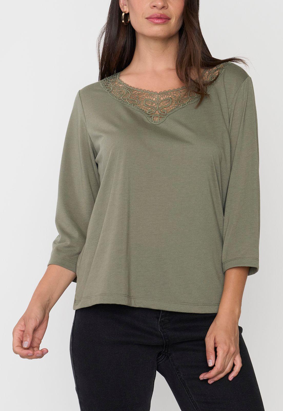 Polera Mujer Manga 3/4 Macramé Verde Corona-2