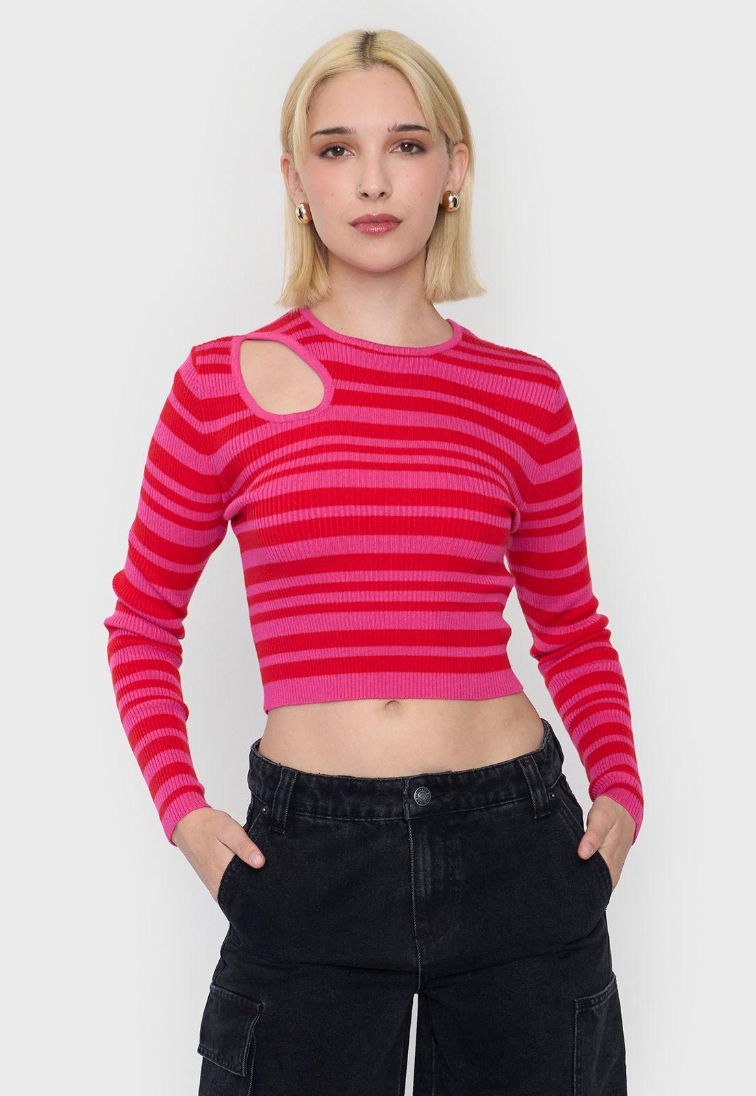 Tejido Mujer Manga Larga Cut Out Fucsia Corona-0