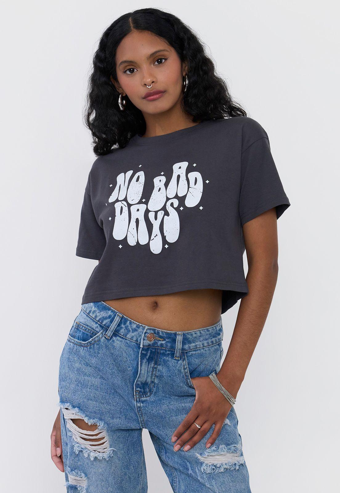 Polera Mujer Fun Manga Corta Gris Oscuro Crop Corona-0
