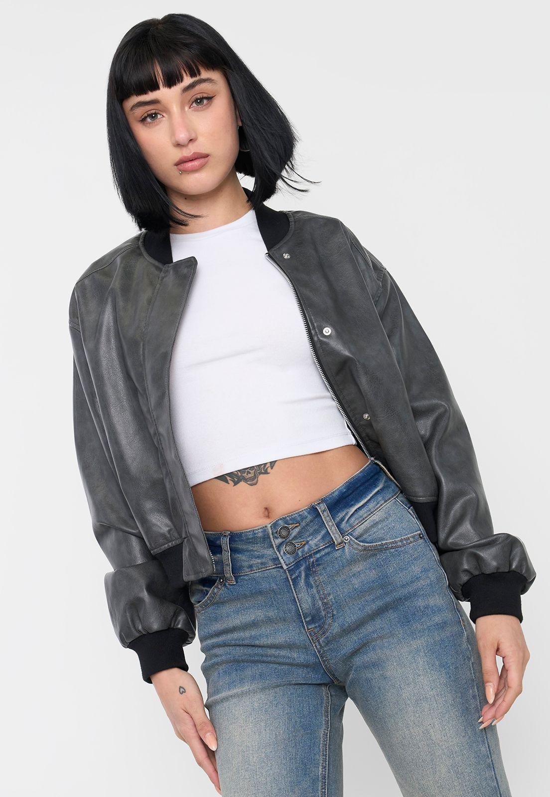 Chaqueta Mujer Bomber Ecocuero Lavada Gris Corona-0