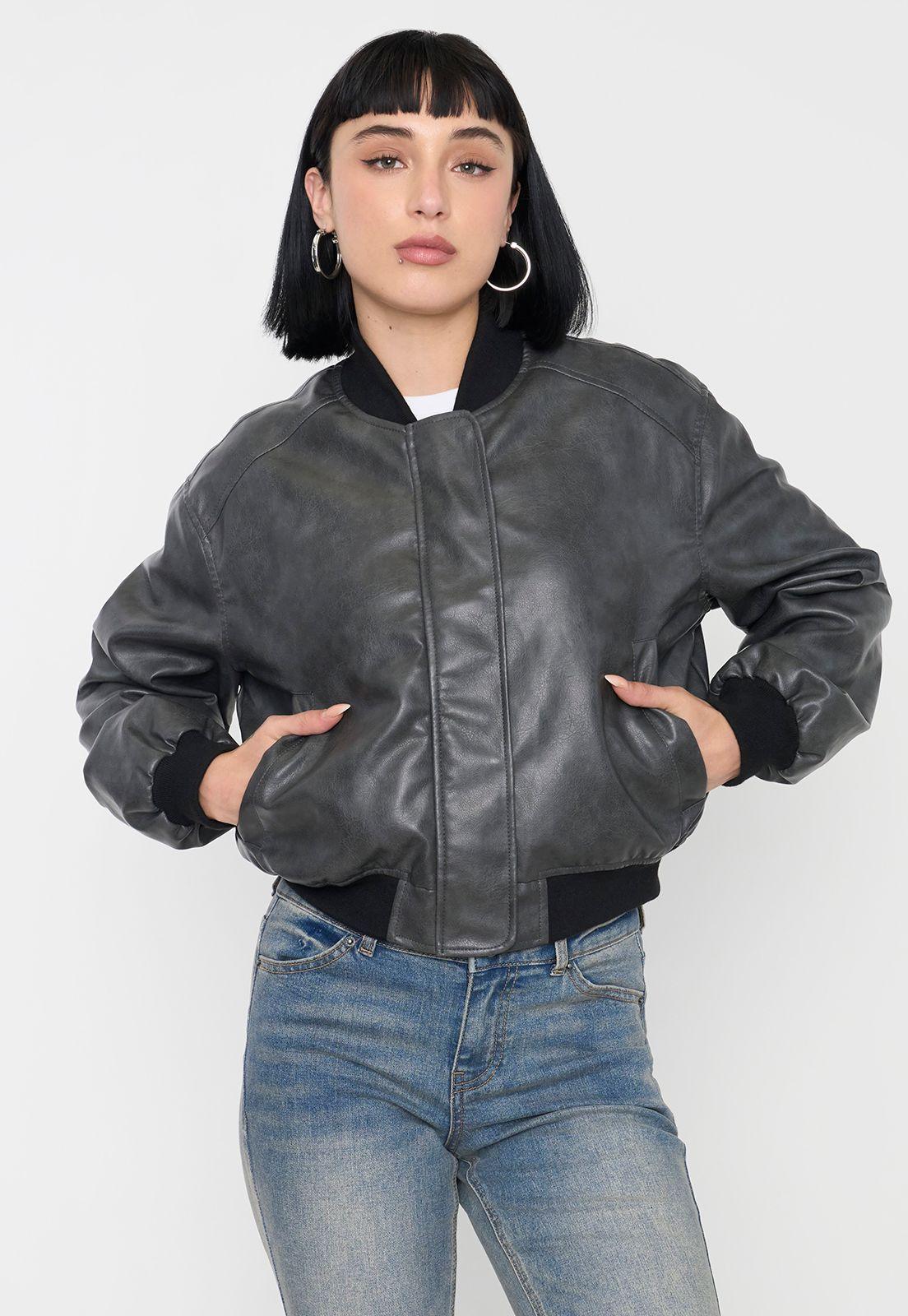 Chaqueta Mujer Bomber Ecocuero Lavada Gris Corona-1