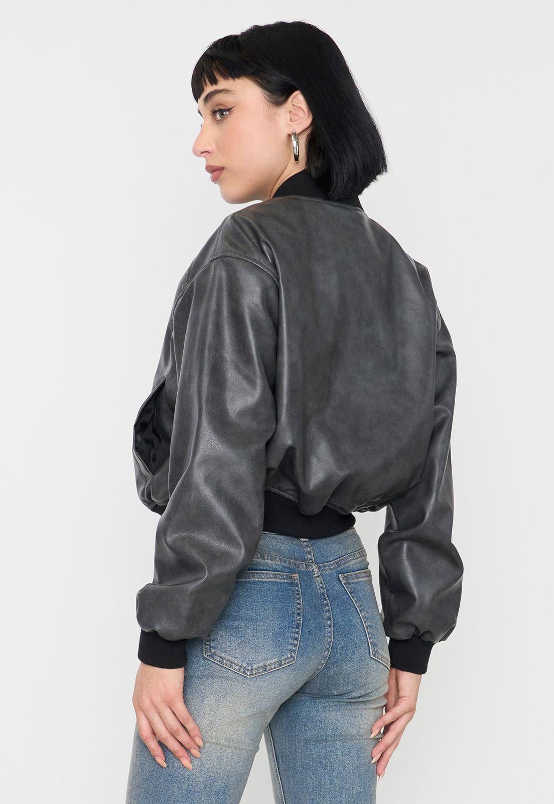 Chaqueta Mujer Bomber Ecocuero Lavada Gris Corona-2