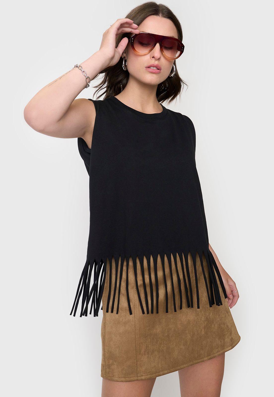 Polera Mujer Flecos Negro Corona-0