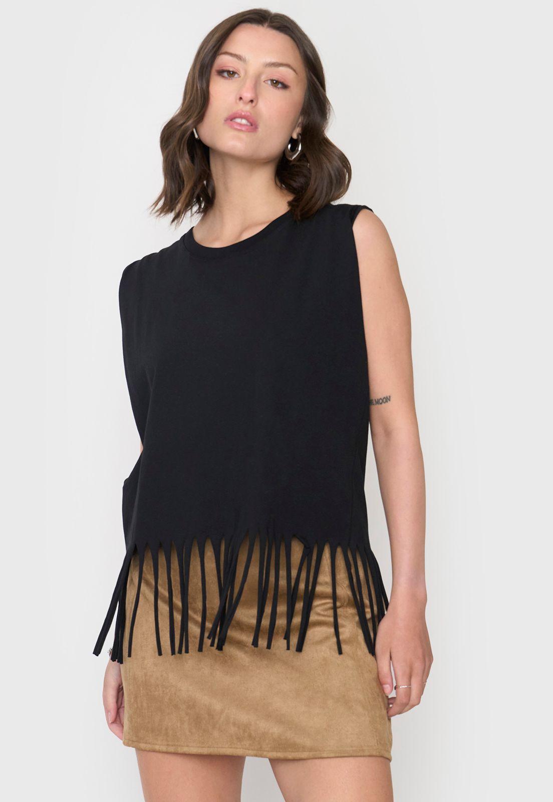 Polera Mujer Flecos Negro Corona-2