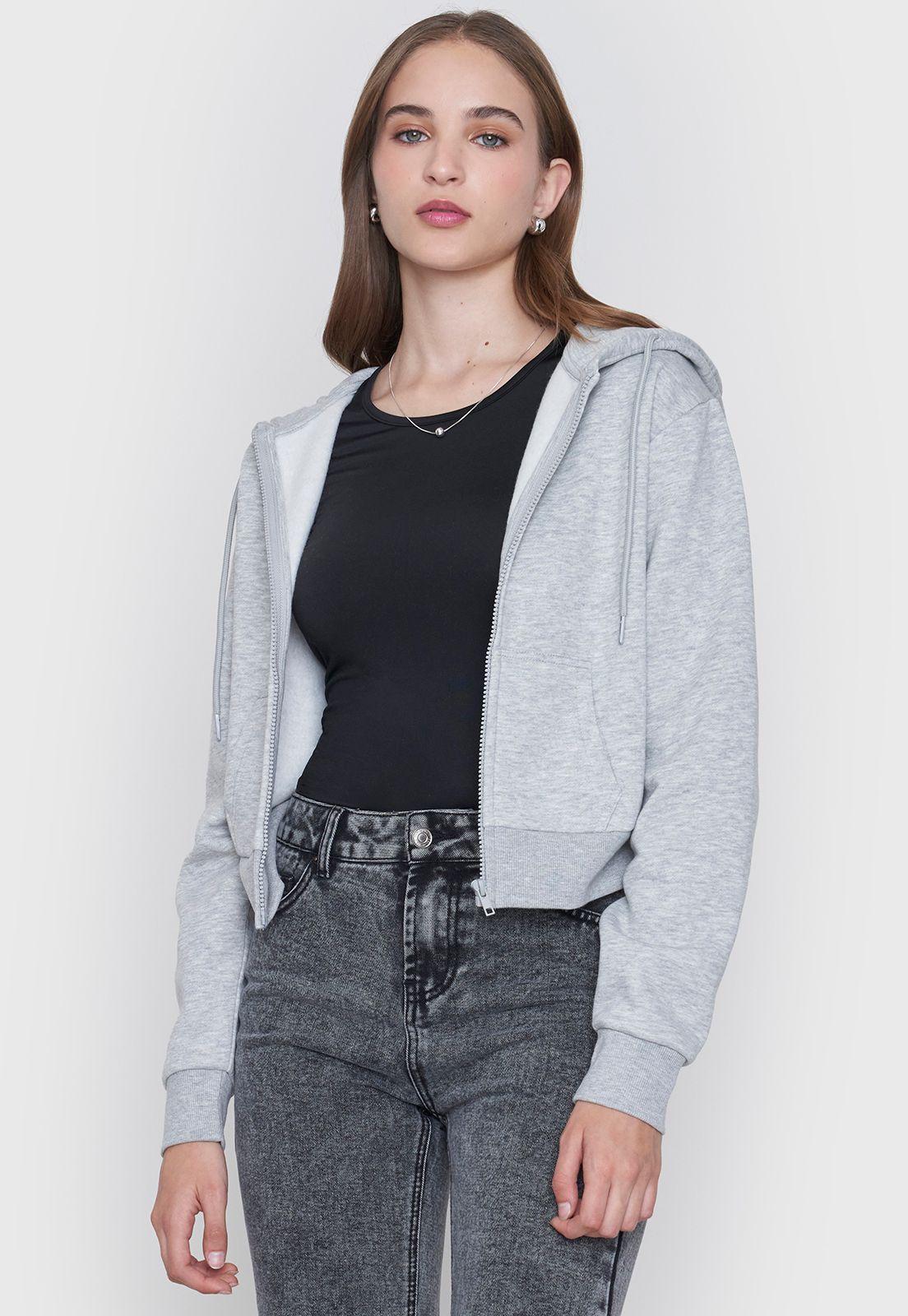 Polerón Mujer Crop Full Zipper Gris Melange Corona-0