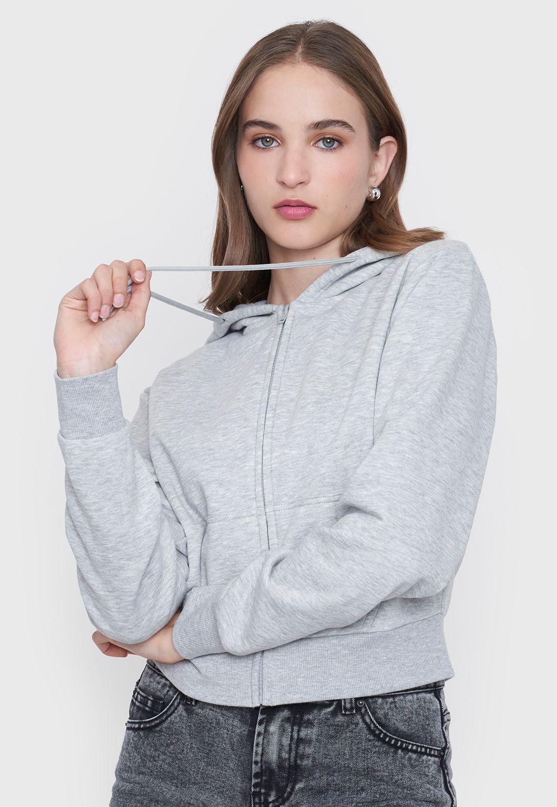 Polerón Mujer Crop Full Zipper Gris Melange Corona-2