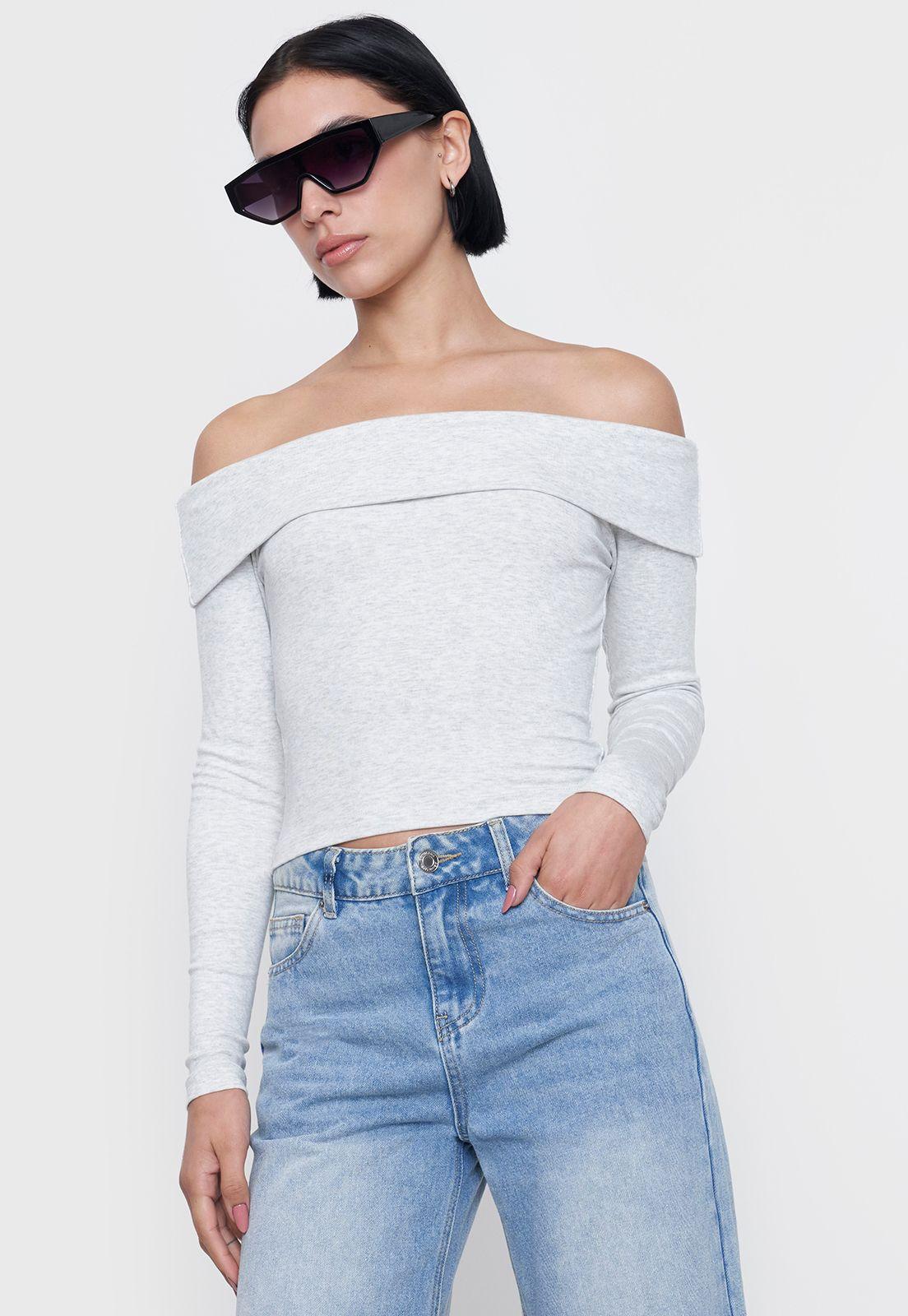 Polera Mujer Sin Hombros Gris Melange Corona-0
