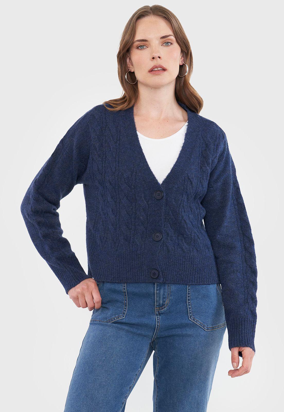 Sweater Mujer Cárdigan Trenzas Azul Marino Corona-0