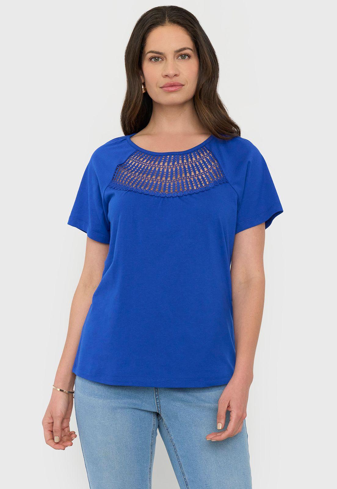 Polera Mujer Escote Macramé Azul Corona-0