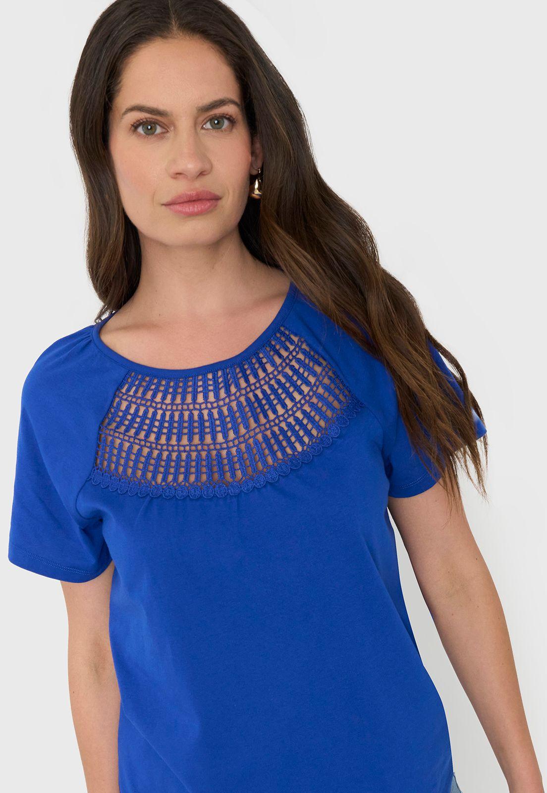 Polera Mujer Escote Macramé Azul Corona-2