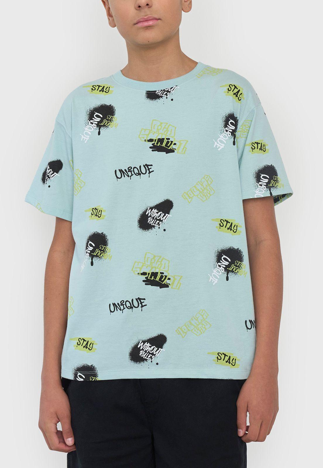 Polera Niño Teen Manga Corta Full Texto Aqua Corona-2
