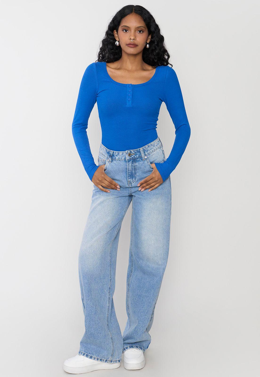 Body Mujer Manga Larga Botones Azul Corona-3