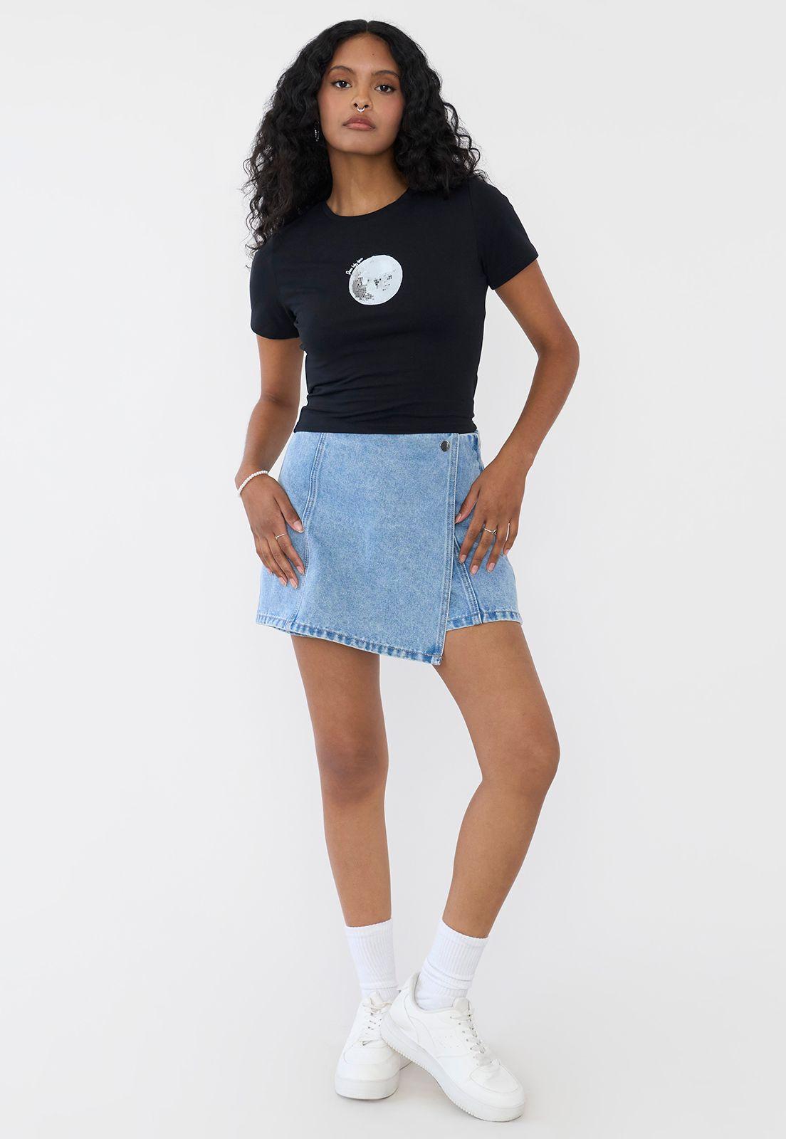 Polera Mujer M/C Crop Mini Print Negro Corona-3