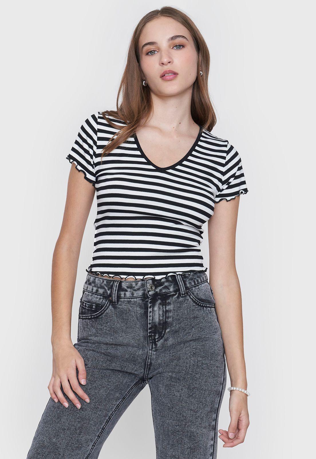 Polera Mujer M/C Rib Cuello V Roulette Líneas Negro Corona-0