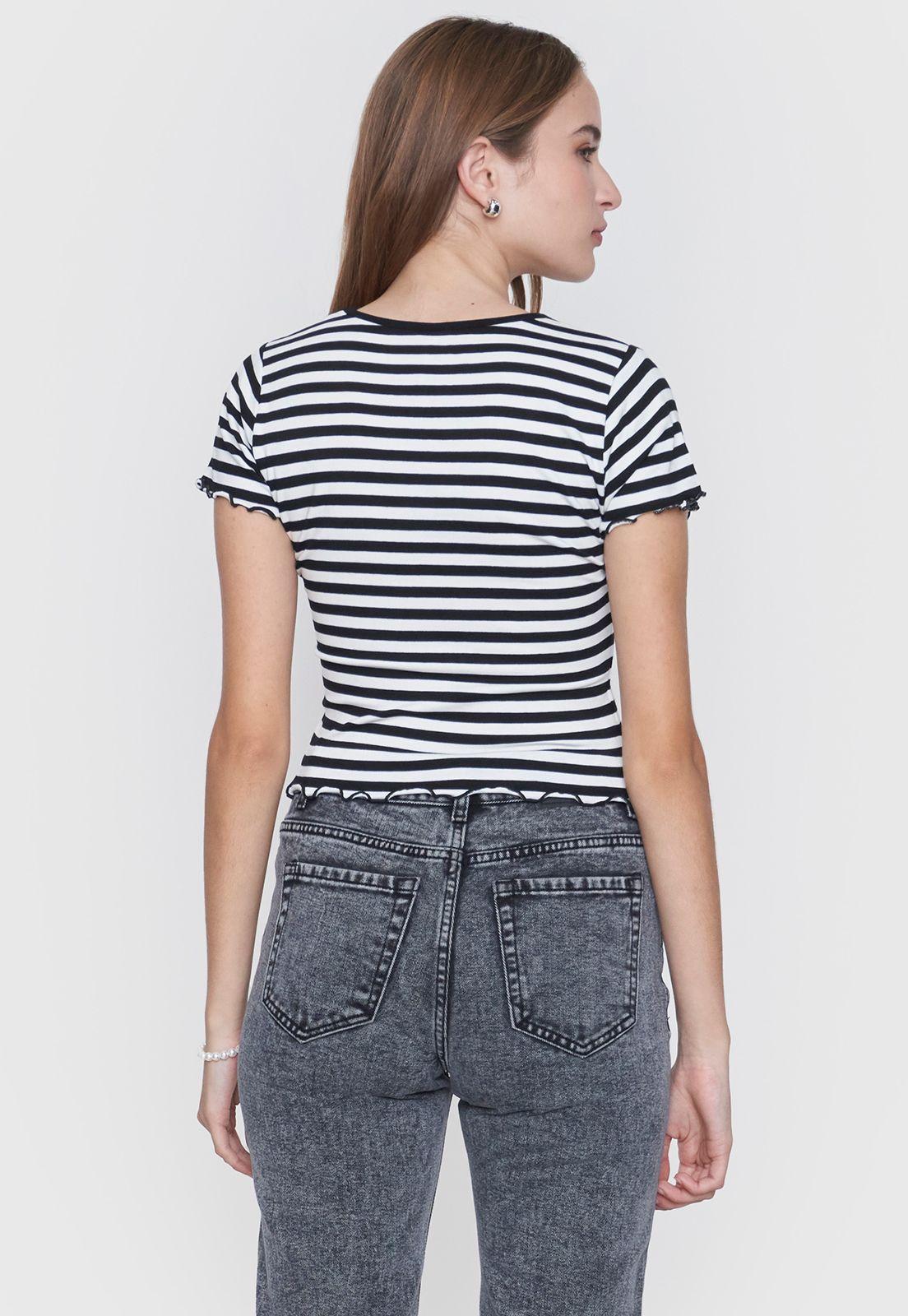 Polera Mujer M/C Rib Cuello V Roulette Líneas Negro Corona-1