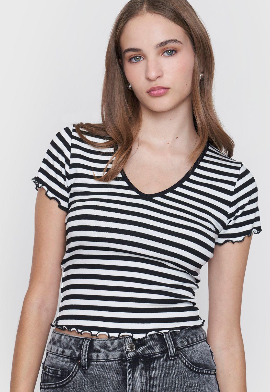 Polera Mujer M/C Rib Cuello V Roulette Líneas Negro Corona-2