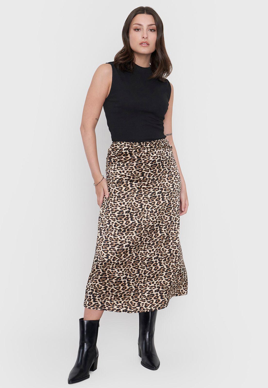 Falda Mujer Midi Satinada Animal Print Beige Corona-0