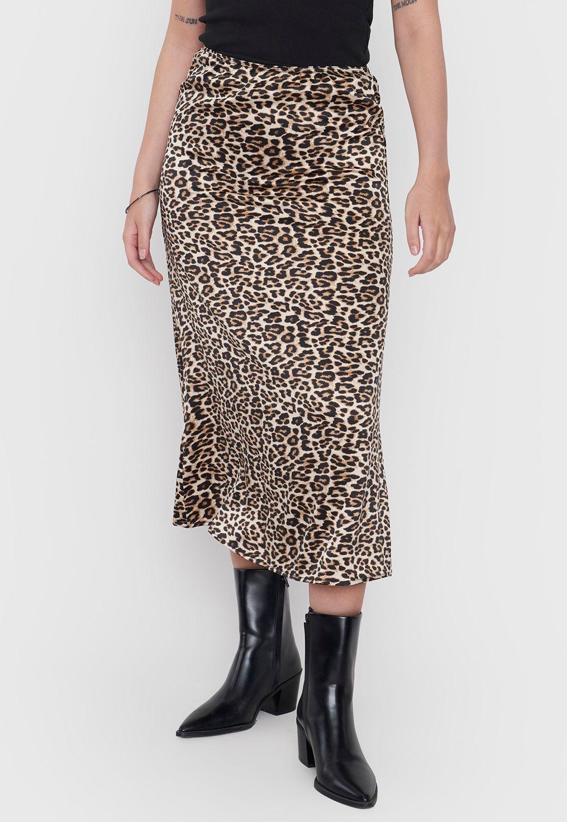 Falda Mujer Midi Satinada Animal Print Beige Corona-1