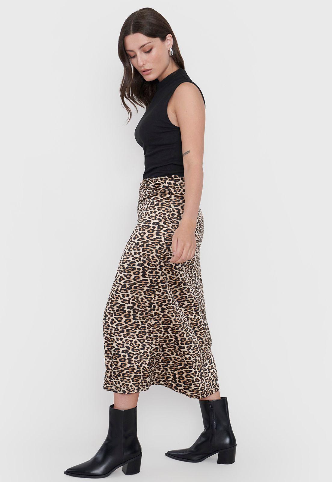 Falda Mujer Midi Satinada Animal Print Beige Corona-3