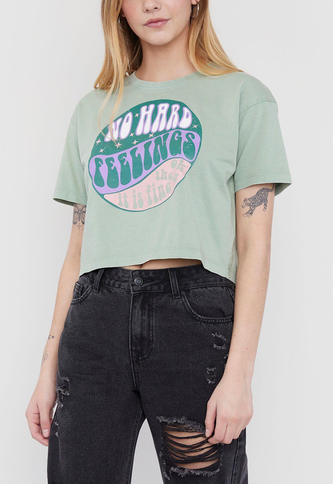 Polera Mujer Fun Manga Corta Crop Verde Corona-2