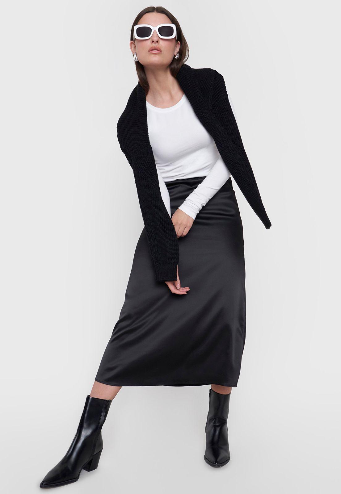 Falda Mujer Midi Satinada Negro Corona-0