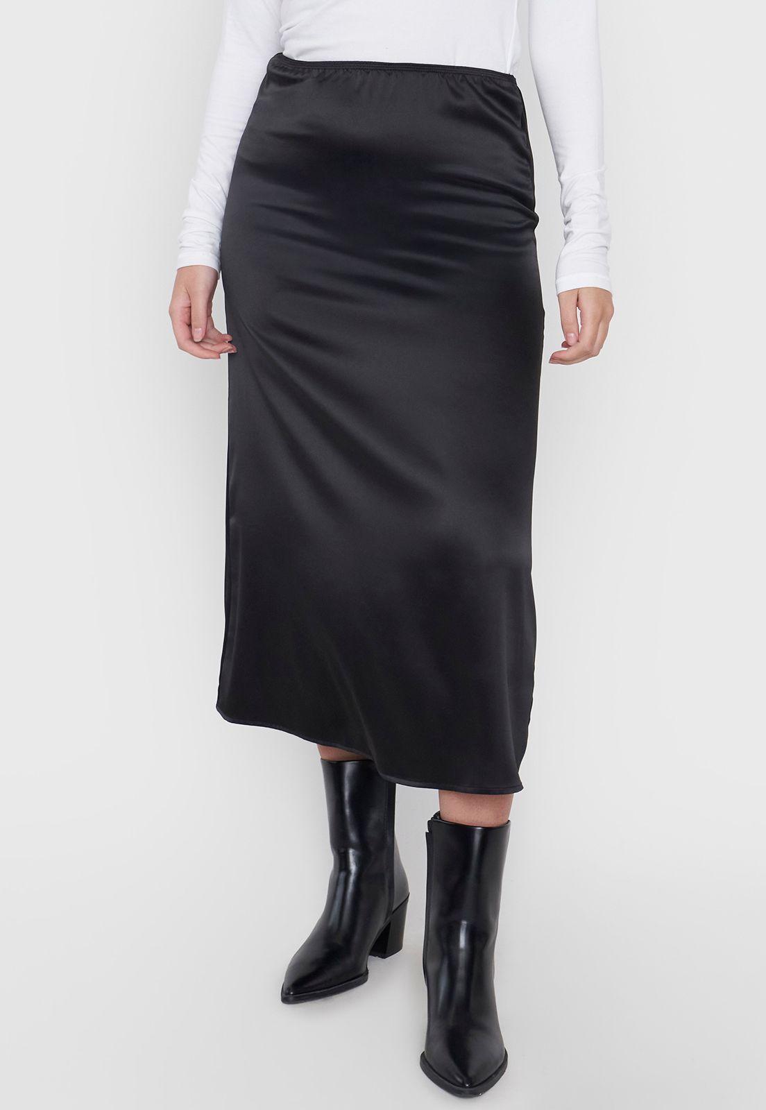 Falda Mujer Midi Satinada Negro Corona-1