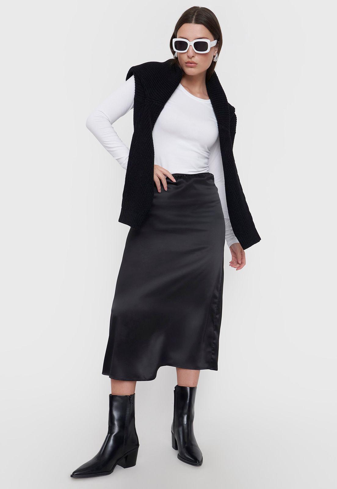 Falda Mujer Midi Satinada Negro Corona-3