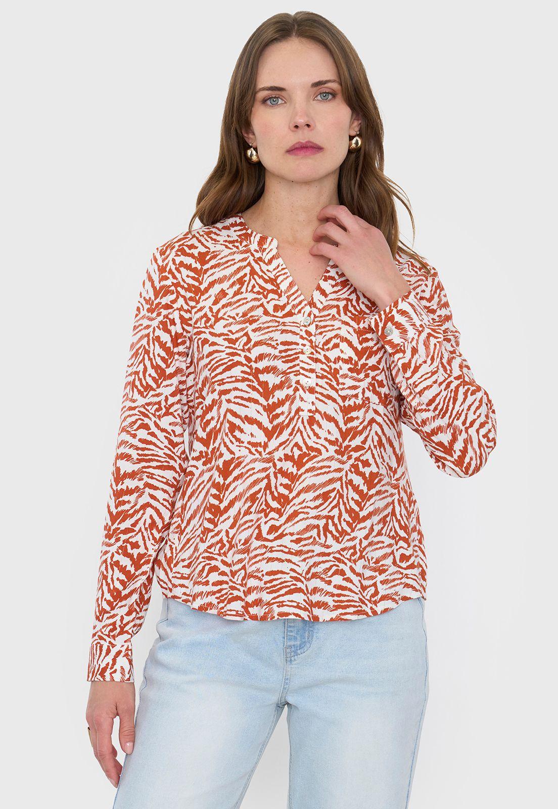 Blusa Mujer Cuello Mao Print Cebra Terracota Corona-0
