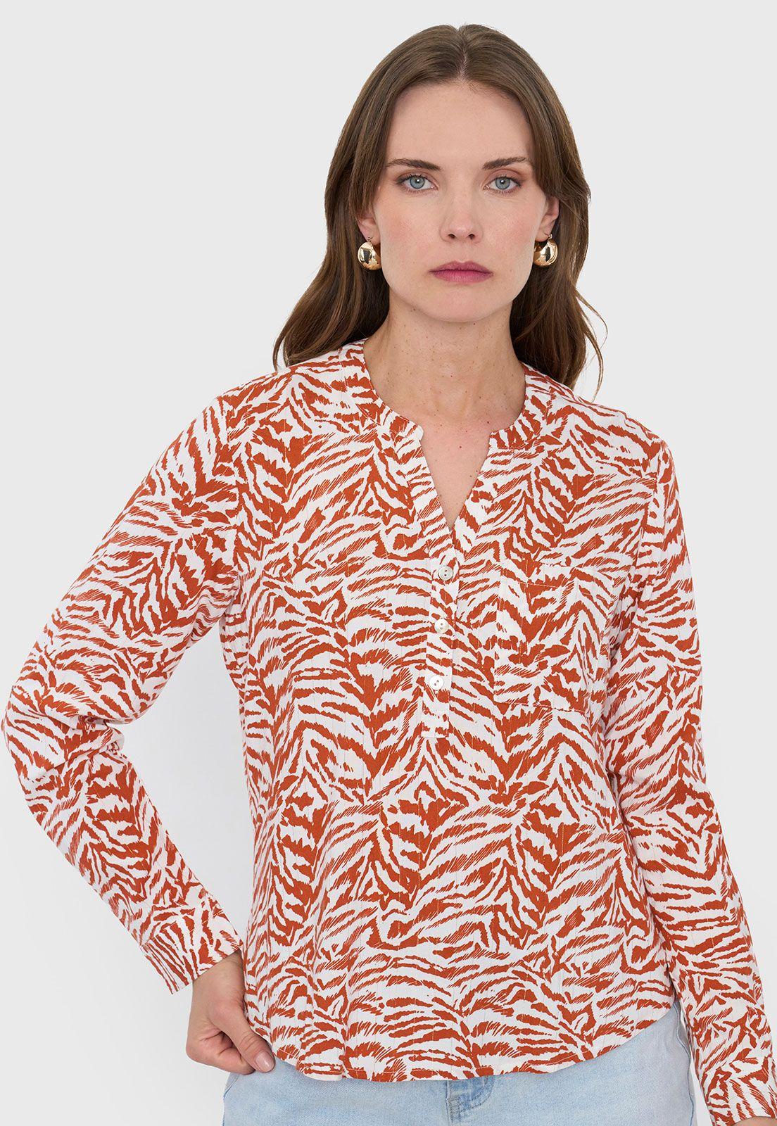 Blusa Mujer Cuello Mao Print Cebra Terracota Corona-2