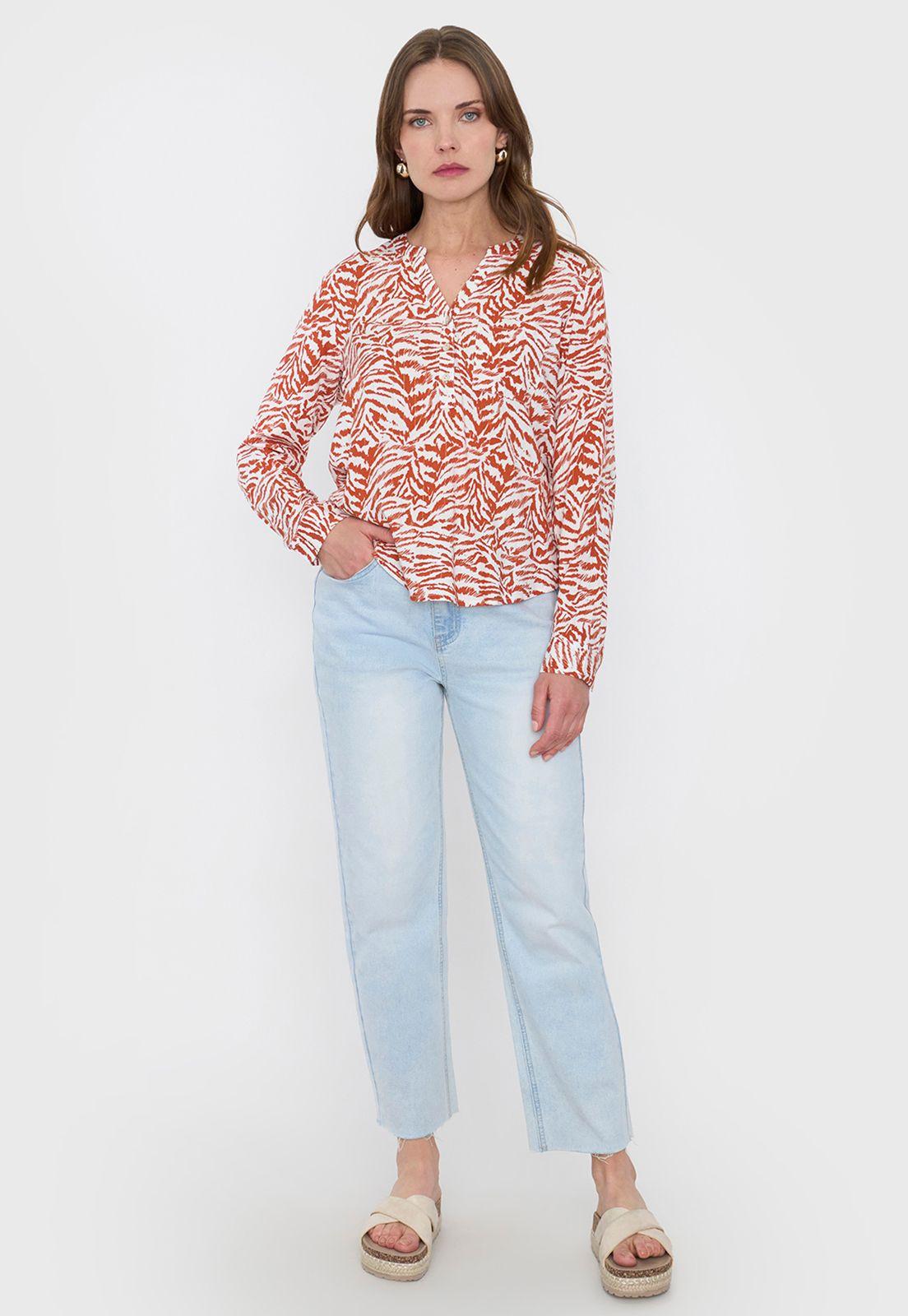 Blusa Mujer Cuello Mao Print Cebra Terracota Corona-3