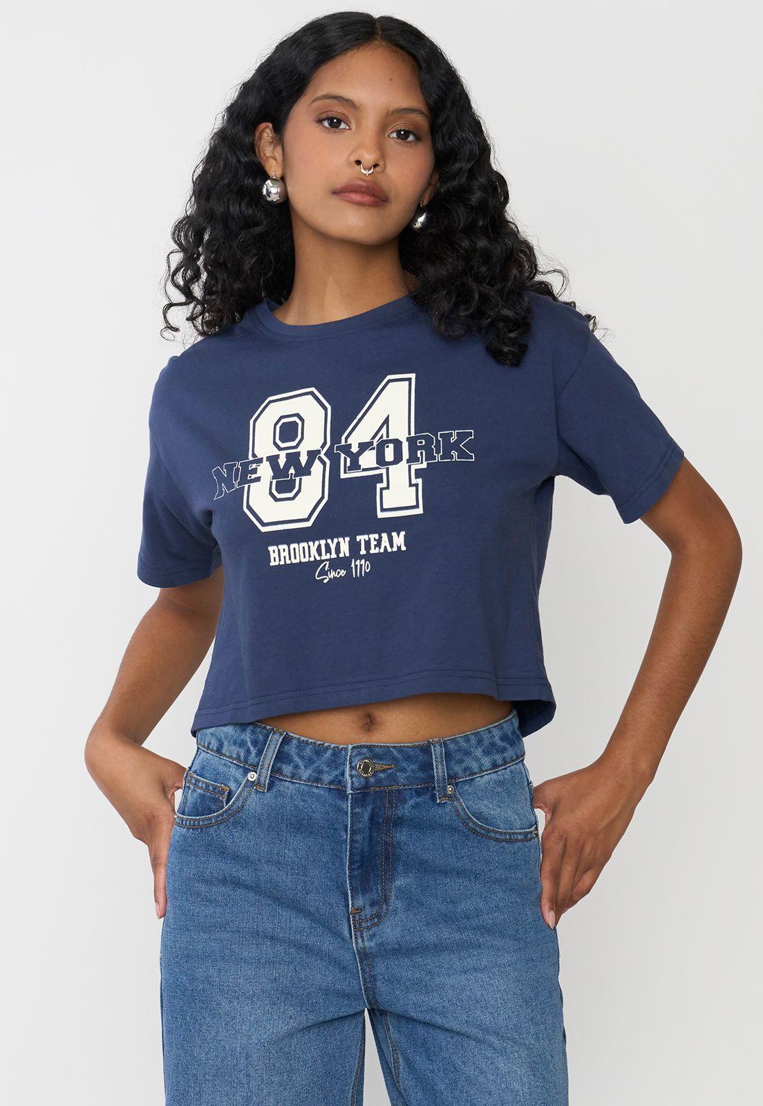 Polera Mujer Fun Manca Corta Crop Azul Marino Corona-0