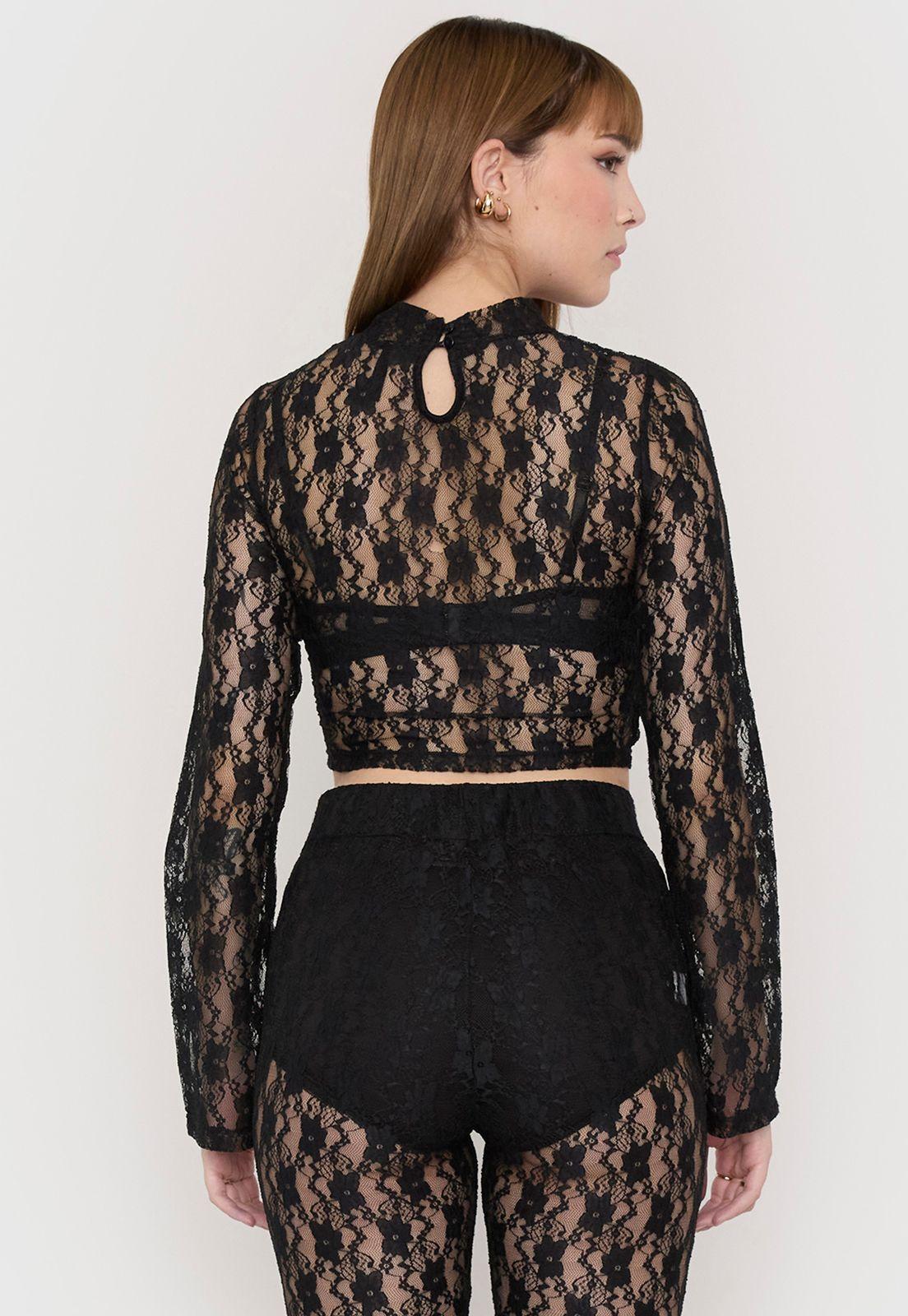 Polera Mujer Manga Larga Encaje Negro Corona-2