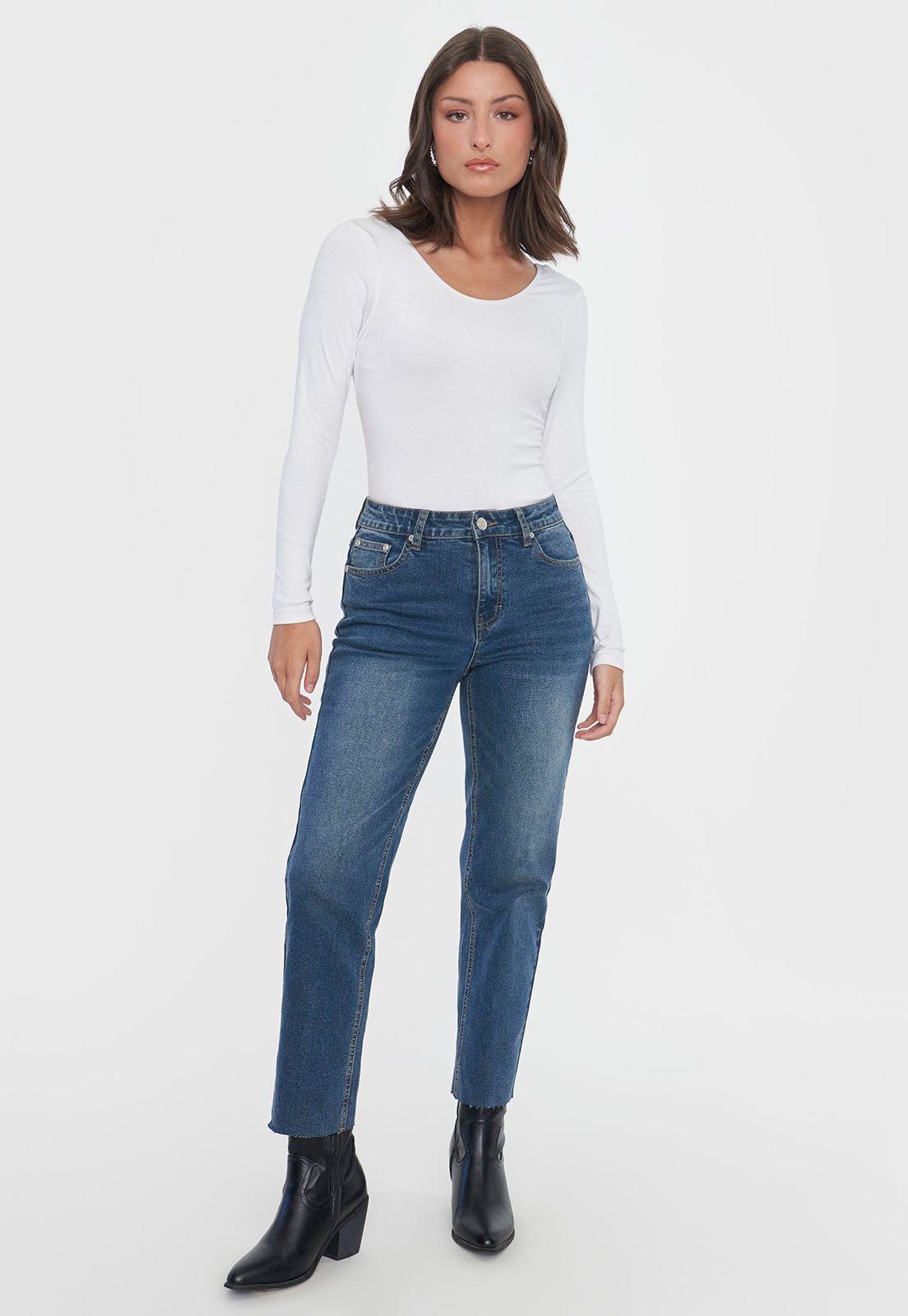 Jeans Mujer Straight Fit Elasticado Azul Oscuro Corona-0