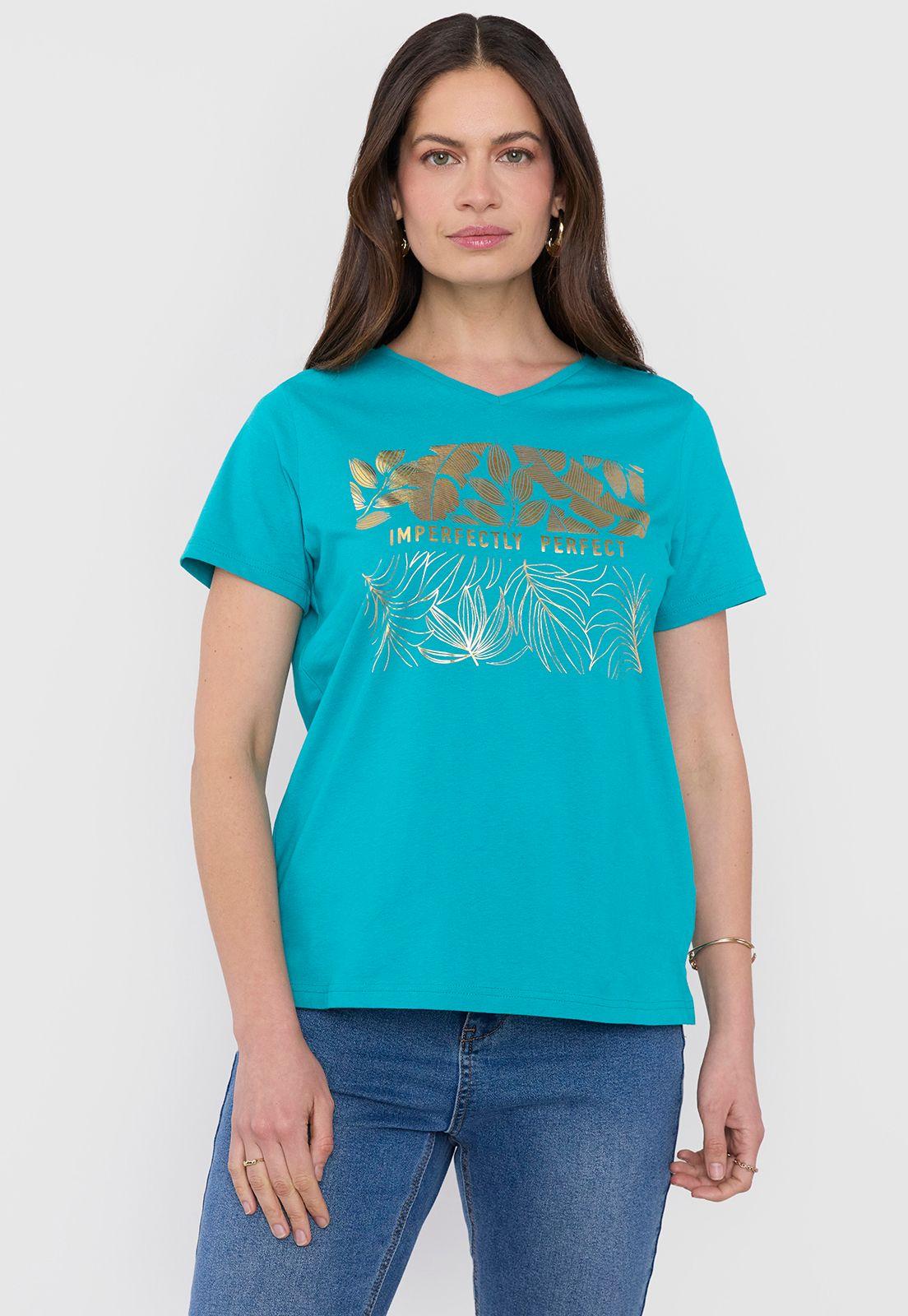 Polera Mujer M/c Focal Print Dorado Cuello V Corona-0