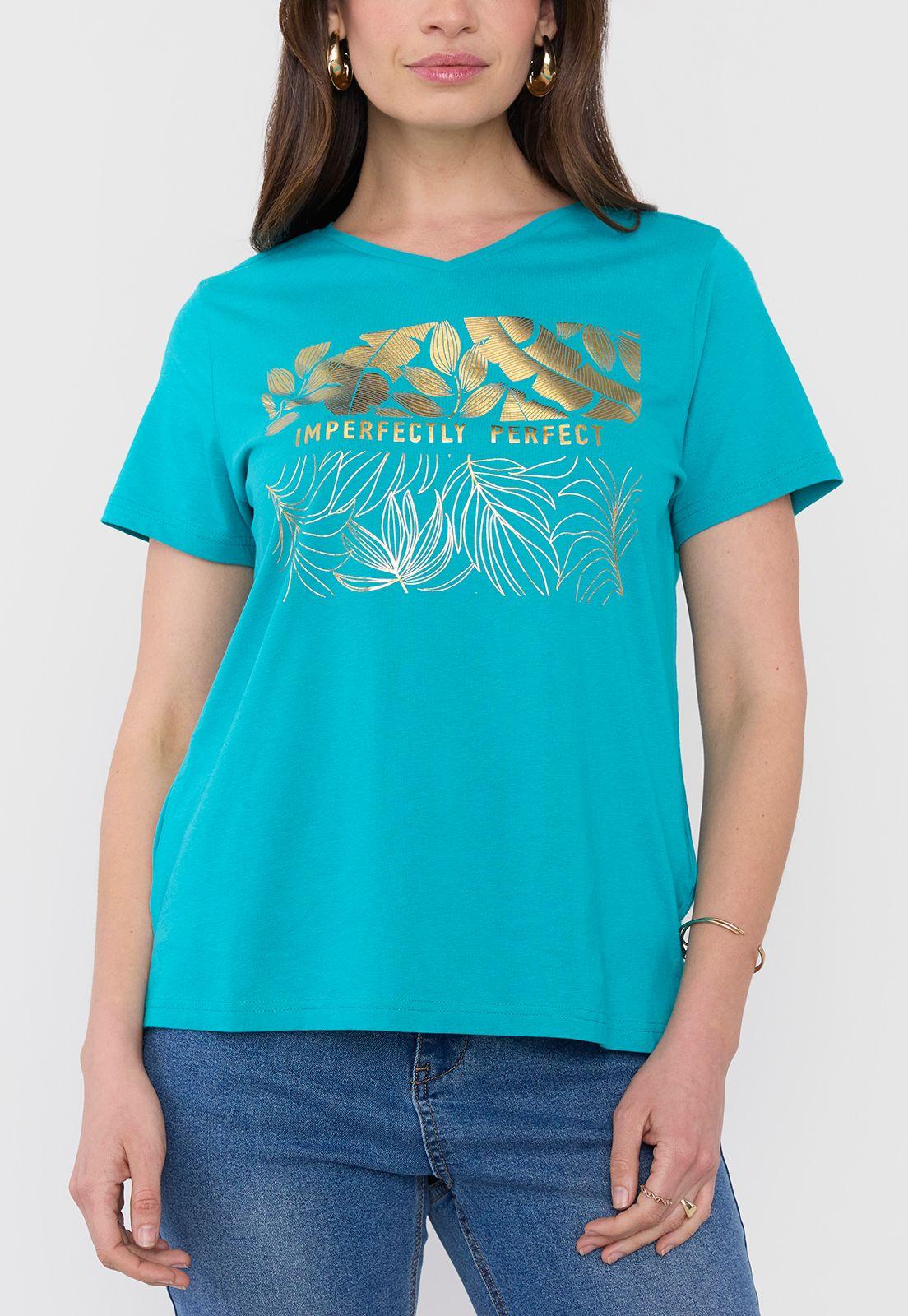 Polera Mujer M/c Focal Print Dorado Cuello V Corona-2