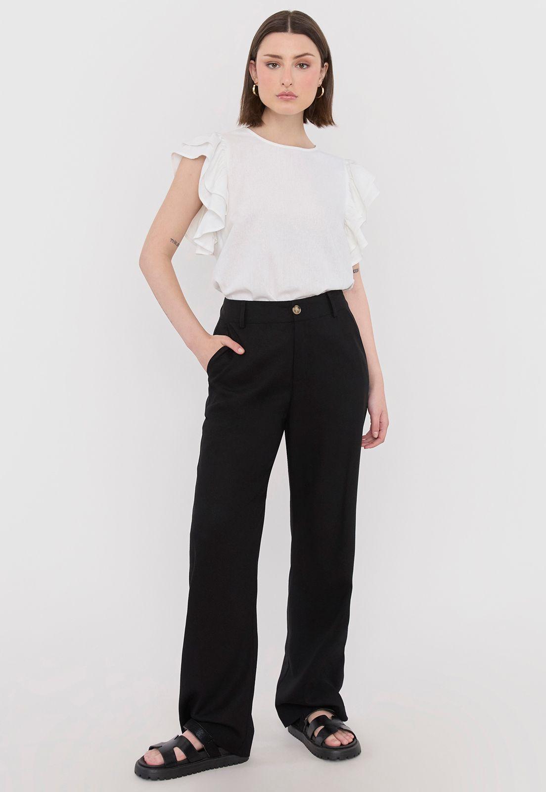 Pantalón Mujer Lino Brillos Negro Corona-0