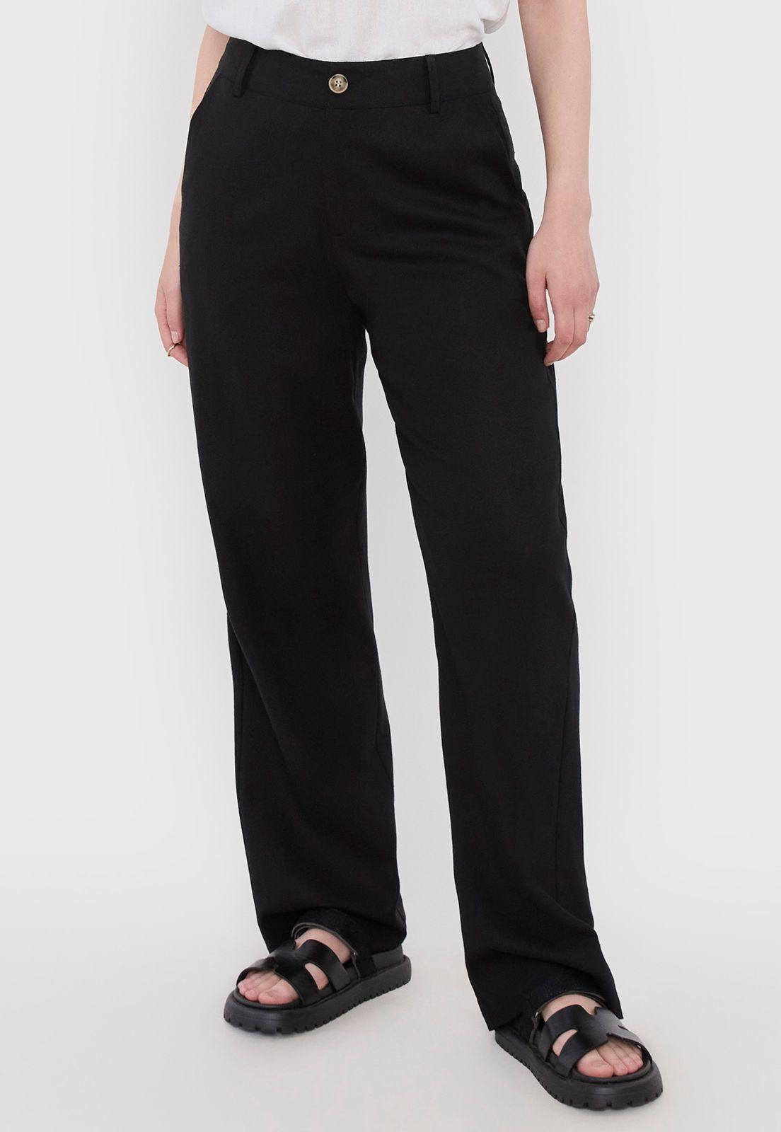 Pantalón Mujer Lino Brillos Negro Corona-1