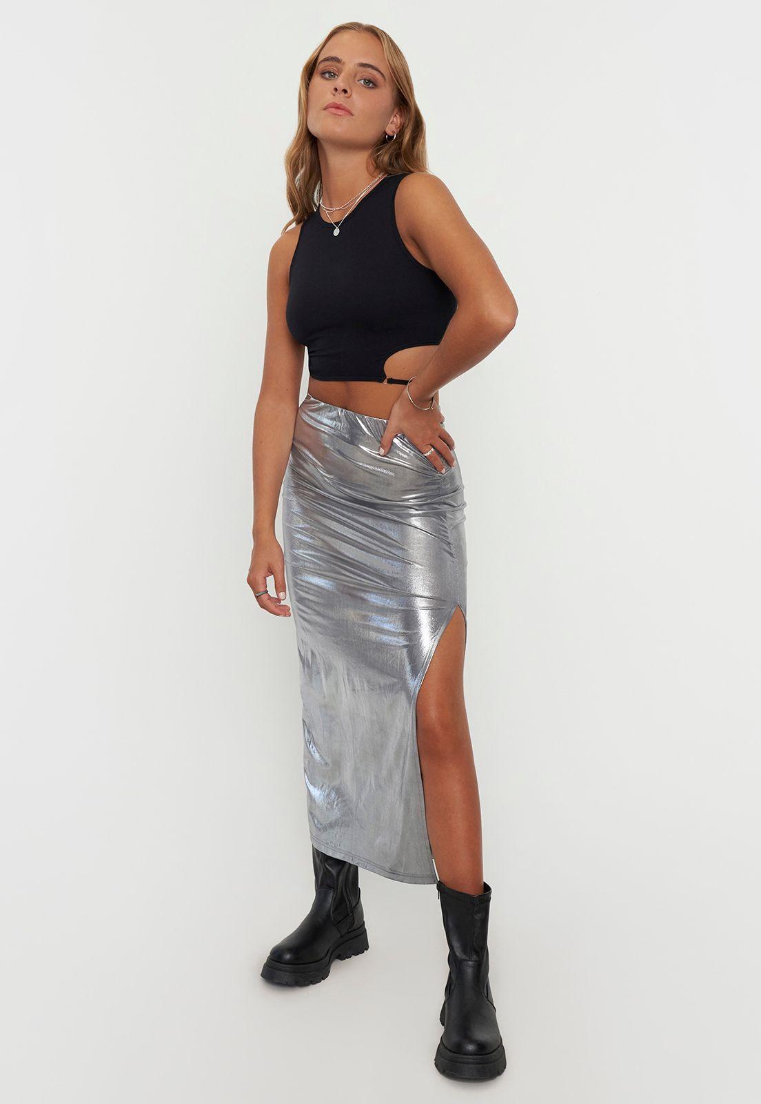 Falda Mujer Midi Metalizada Metalico Corona-0