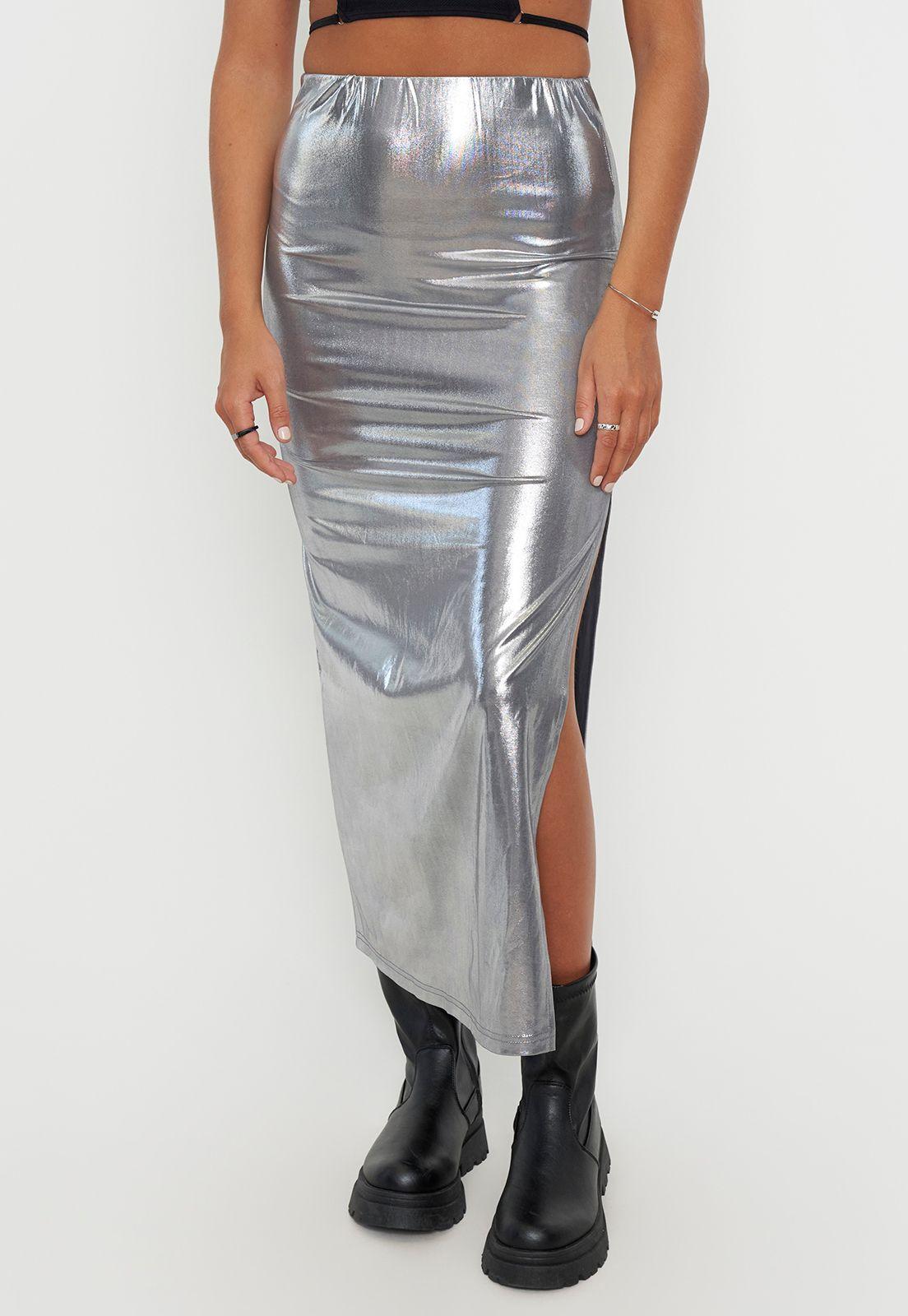Falda Mujer Midi Metalizada Metalico Corona-1