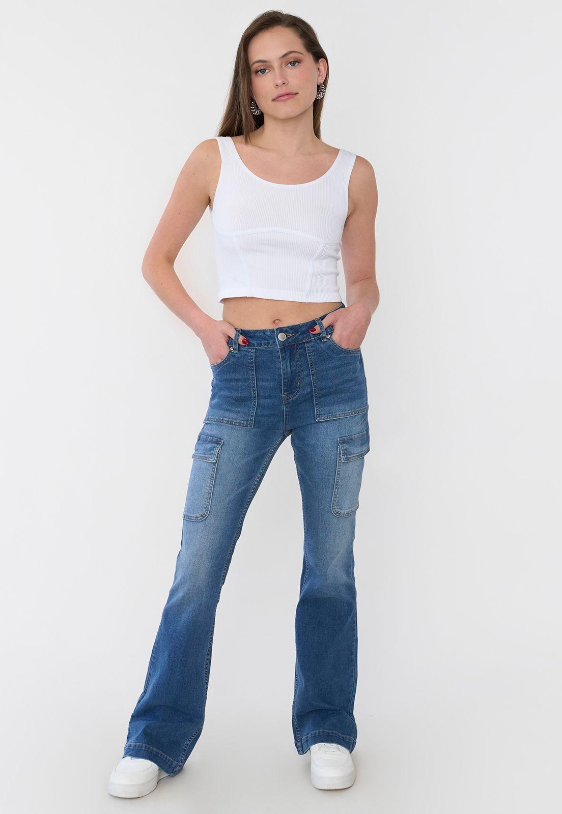 Jeans Mujer Flare Fit Cargo Azul Medio Corona-0