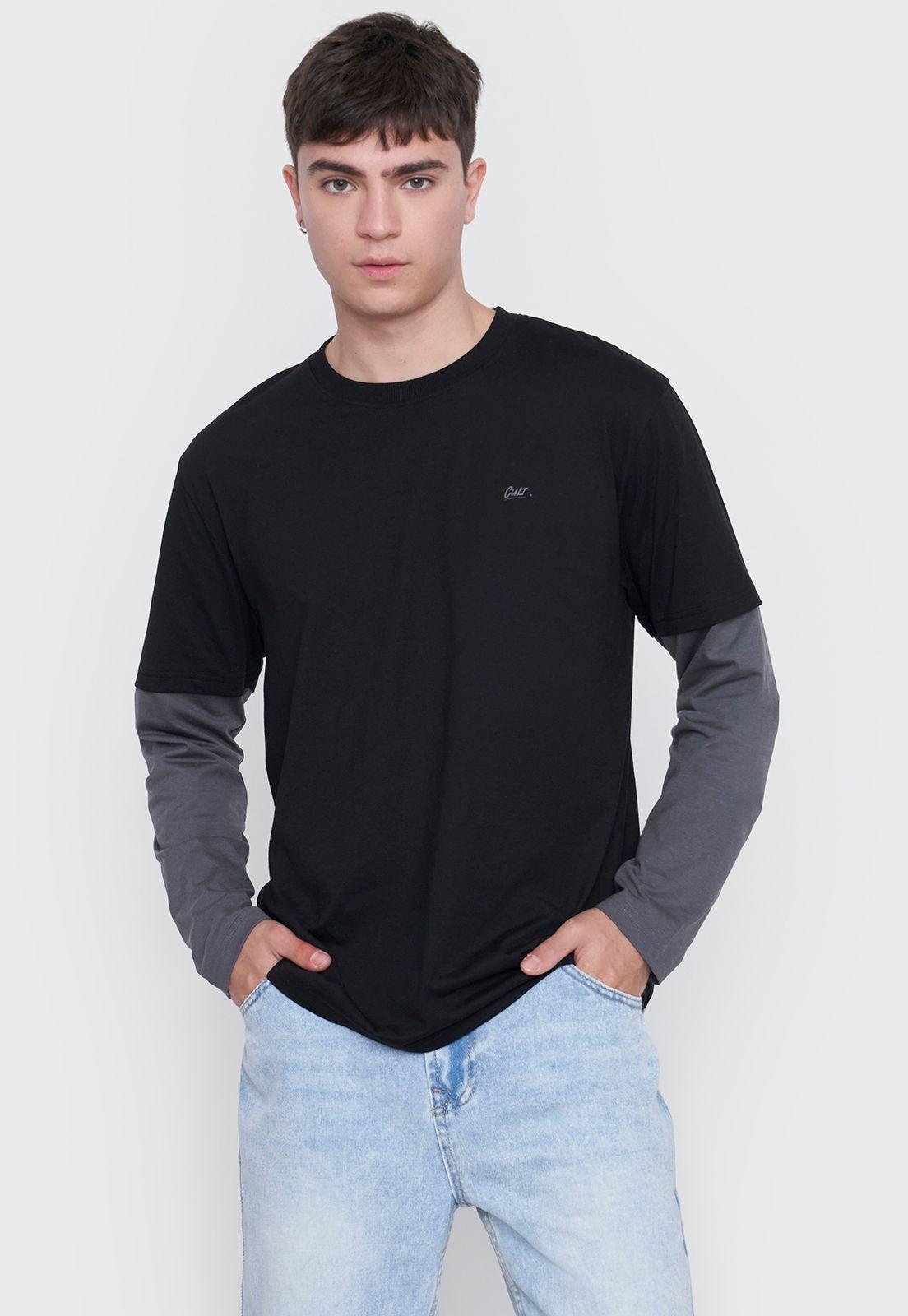 Polera Hombre M/L Doble Manga Negro/Gris Corona-0