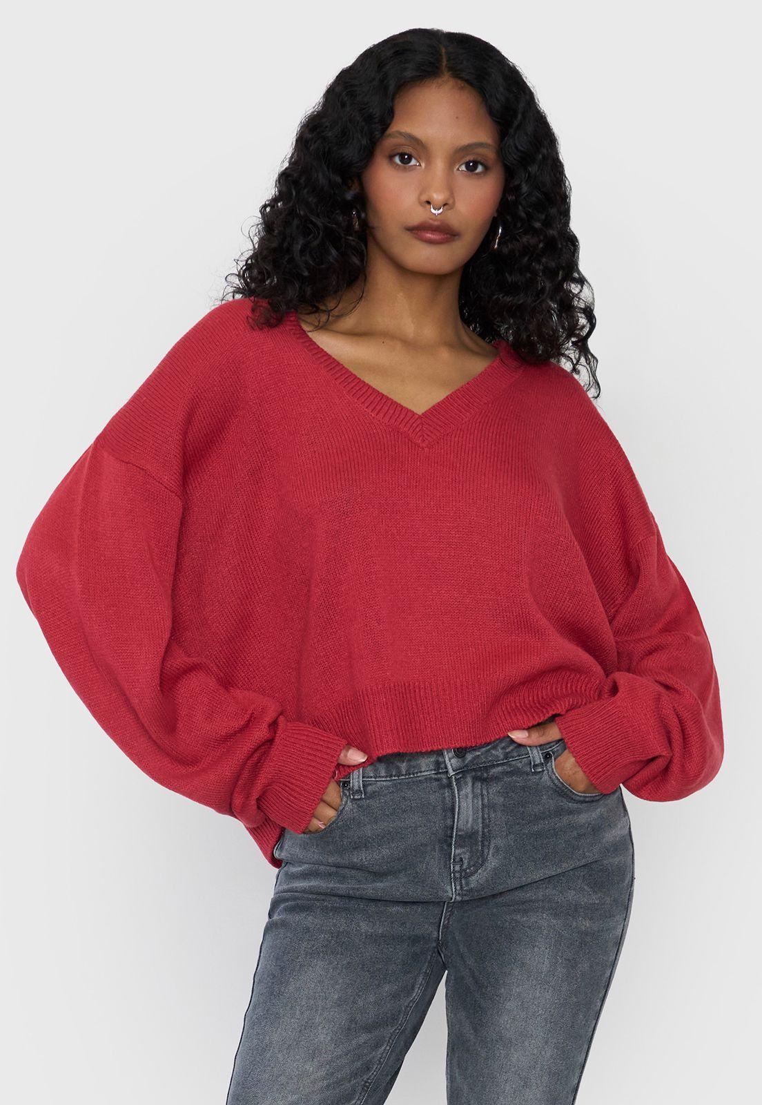 Sweater Mujer Cuello V Color Rojo Corona-0