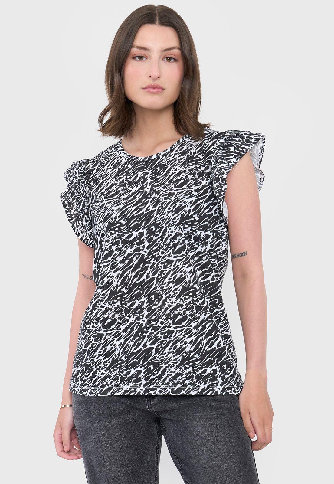 Polera Mujer Vuelos Animal Print Negro Corona-0