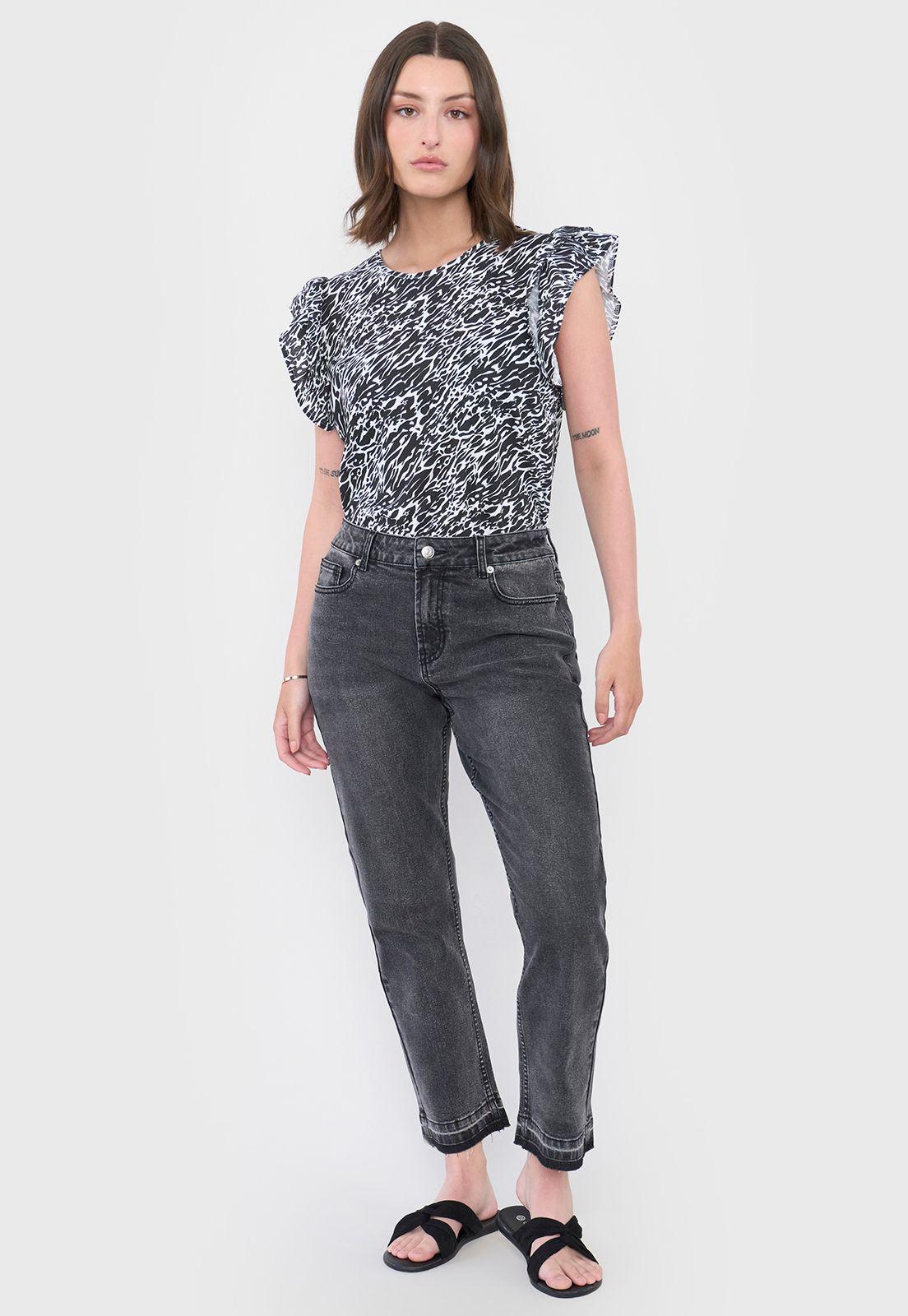 Polera Mujer Vuelos Animal Print Negro Corona-3