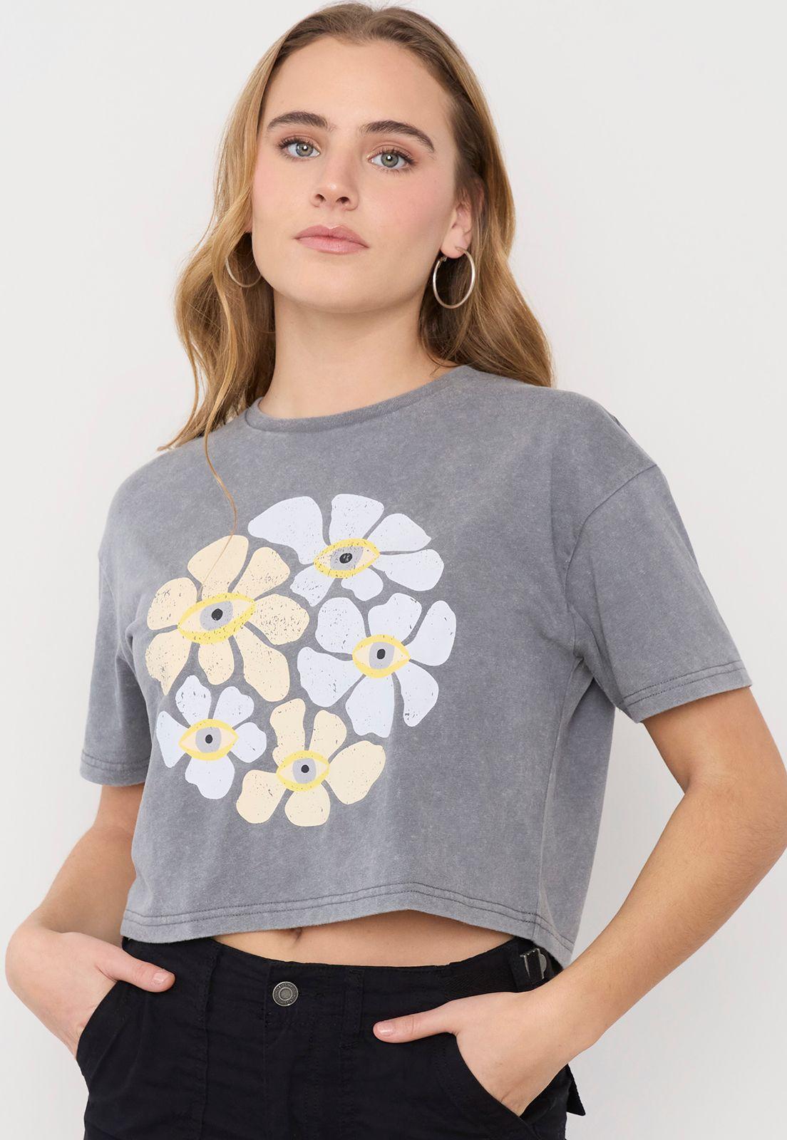 Polera Mujer Fun Manga Corta Crop Gris Acid Wash Corona-2