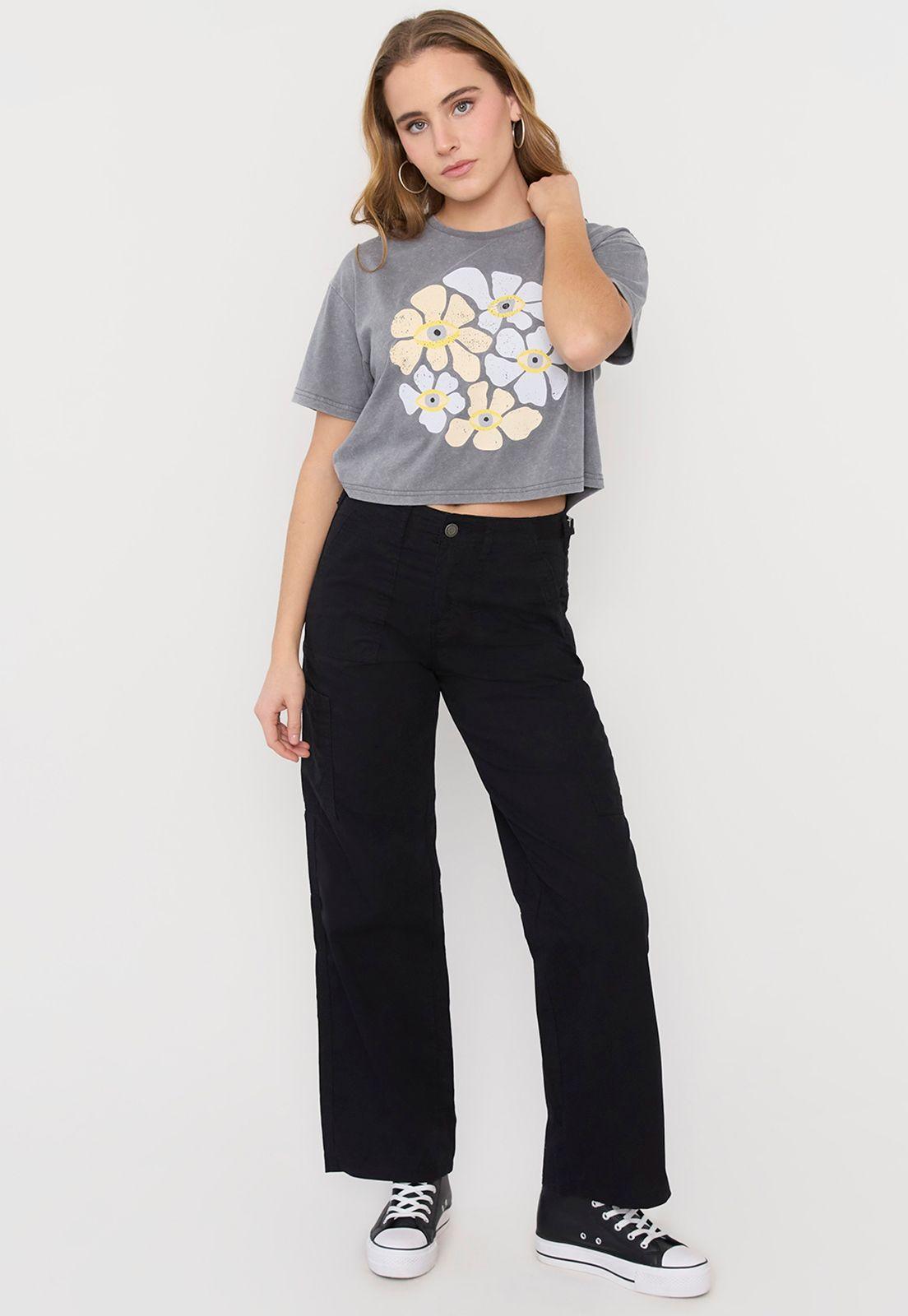 Polera Mujer Fun Manga Corta Crop Gris Acid Wash Corona-3