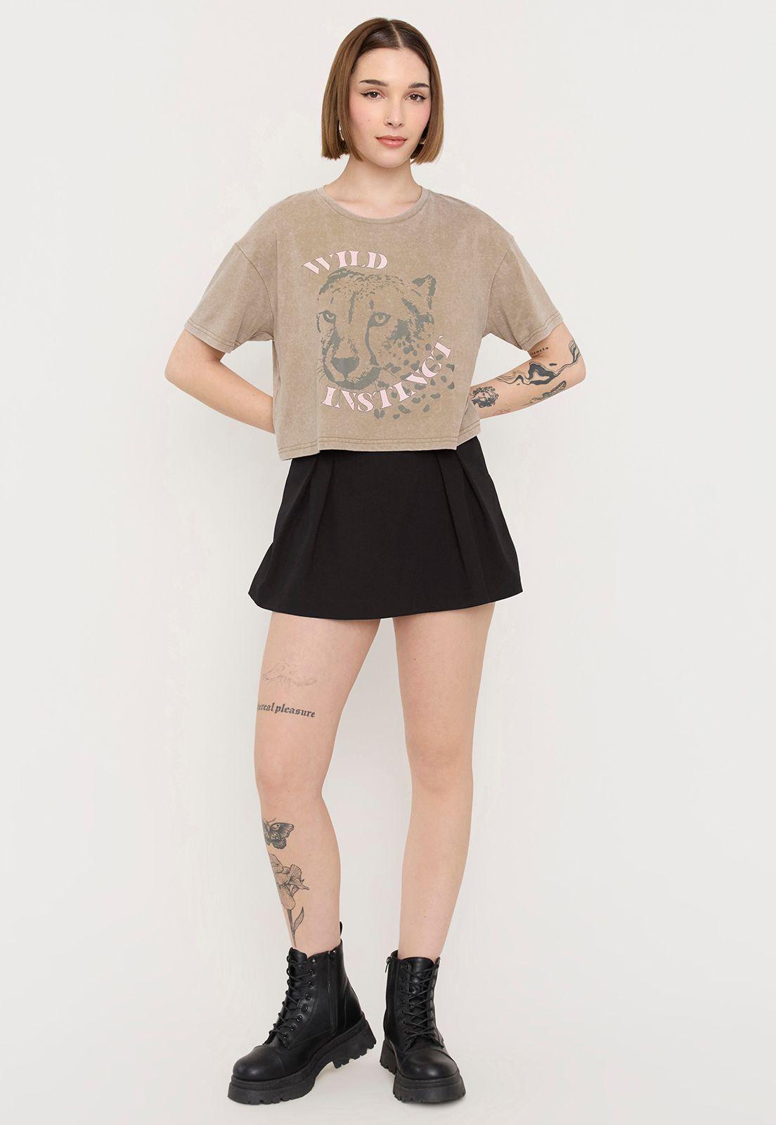 Polera Mujer Fun Manga Corta Crop Café Acid Wash Corona-3