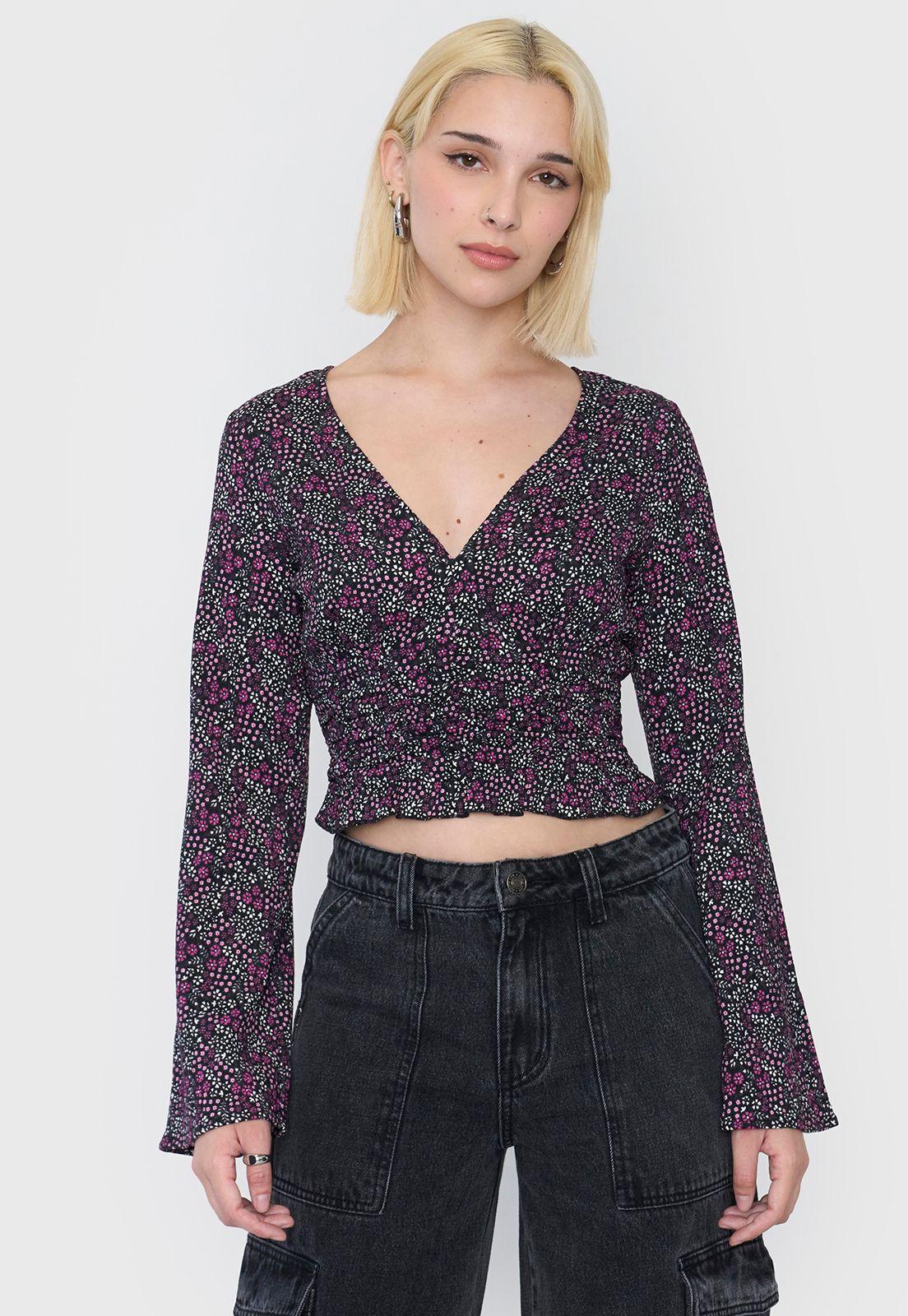 Blusa Mujer Manga Larga Camapana Print Rosado/Negro Corona-0
